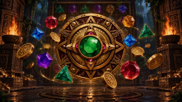 Roda dourada com esmeralda verde central e gemas coloridas flutuando, inspirada em Gems Bonanza